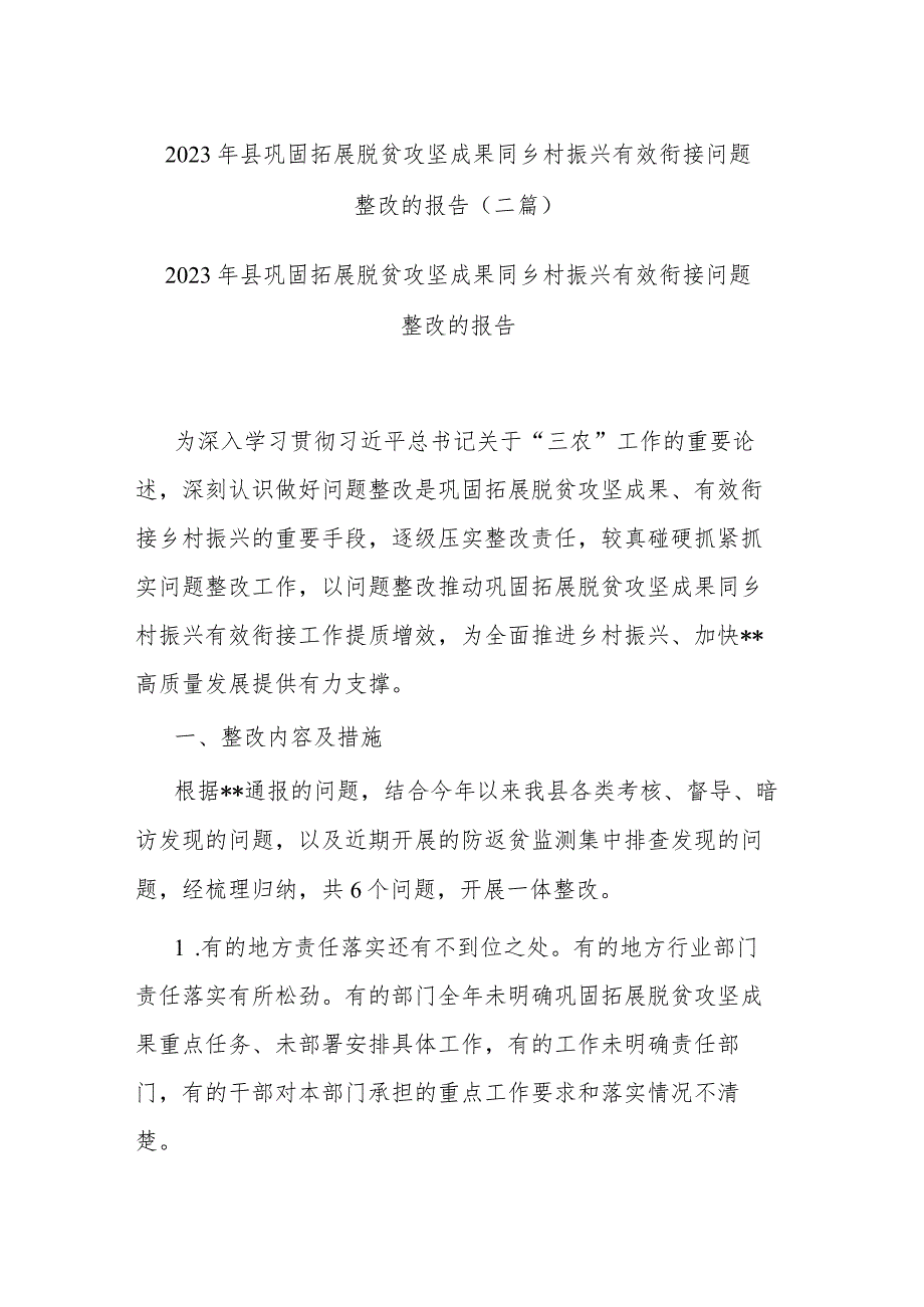 2023年县巩固拓展脱贫攻坚成果同乡村振兴有效衔接问题整改的报告(二篇).docx_第1页