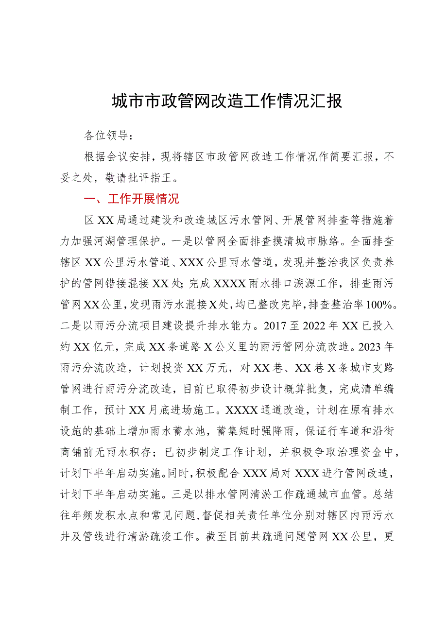 城市市政管网改造工作情况汇报.docx_第1页