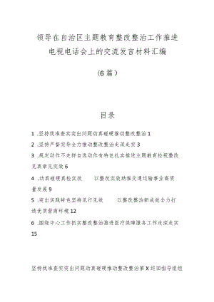 （6篇）领导在自治区主题教育整改整治工作推进电视电话会上的交流发言材料汇编.docx