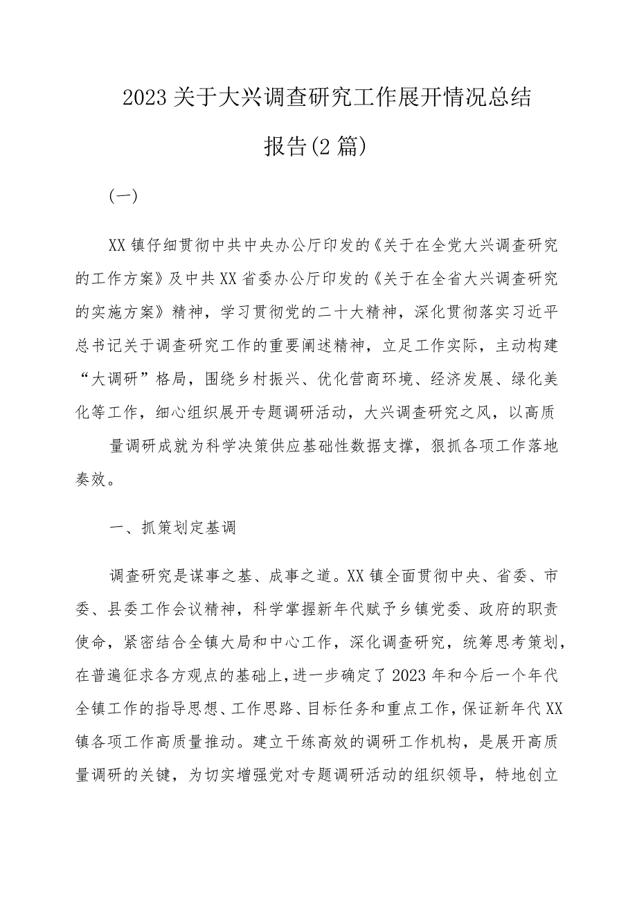 2023关于大兴调查研究工作展开情况总结报告（2篇）.docx_第1页