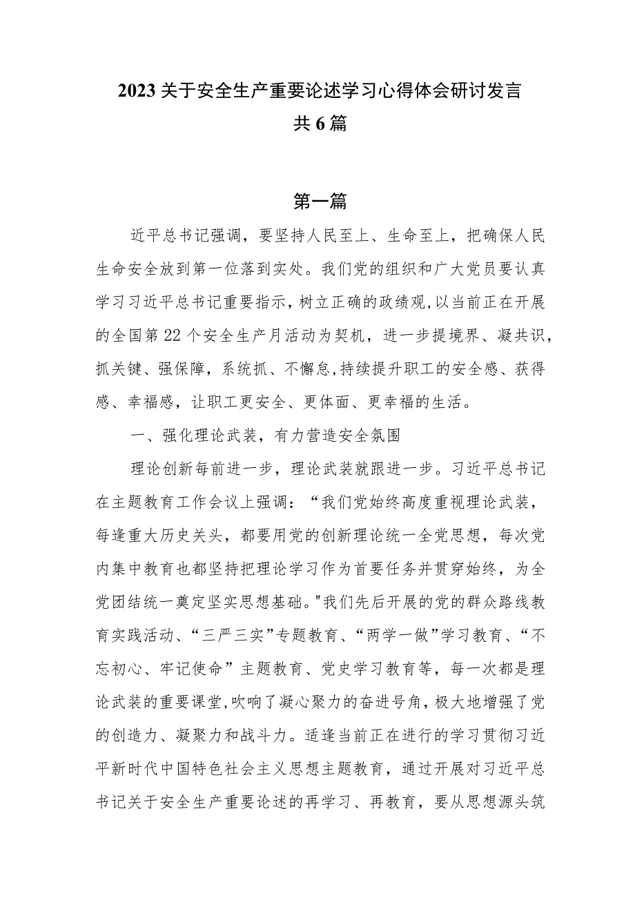 2023关于安全生产重要论述学习心得体会研讨发言共6篇.docx_第1页