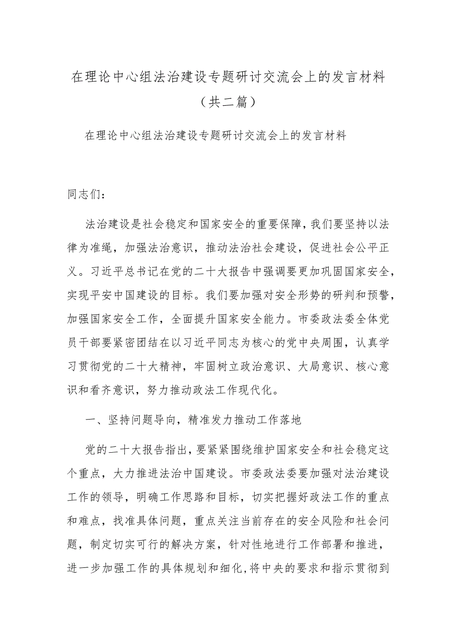 在理论中心组法治建设专题研讨交流会上的发言材料(共二篇).docx_第1页