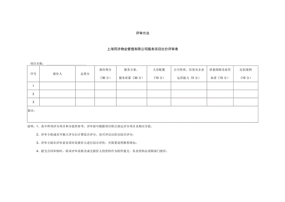 评审方法上海同济物业管理有限公司服务项目比价评审表.docx_第1页