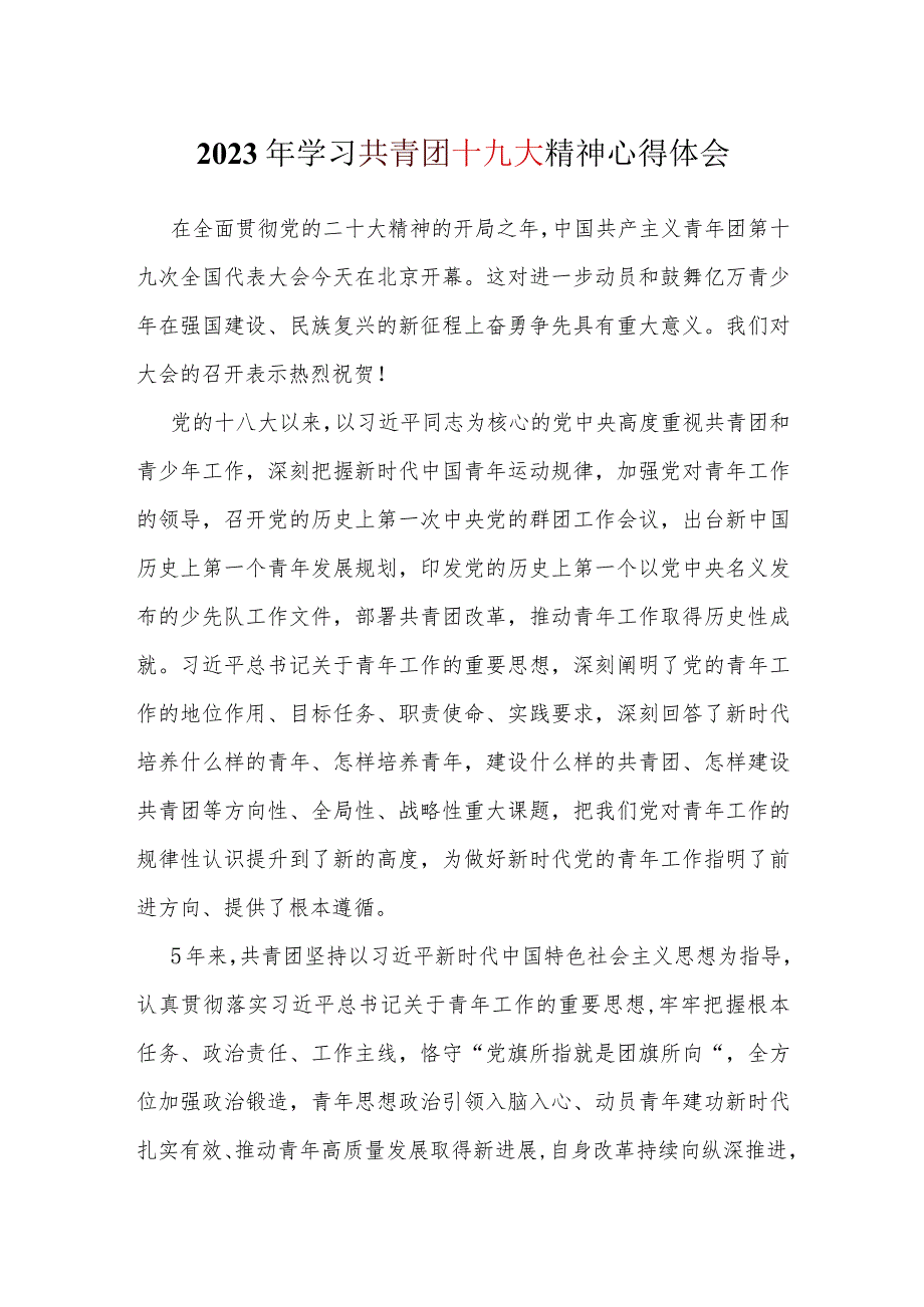 党支部中国共产主义青年团第十九次全国代表大会开幕感悟心得.docx_第1页