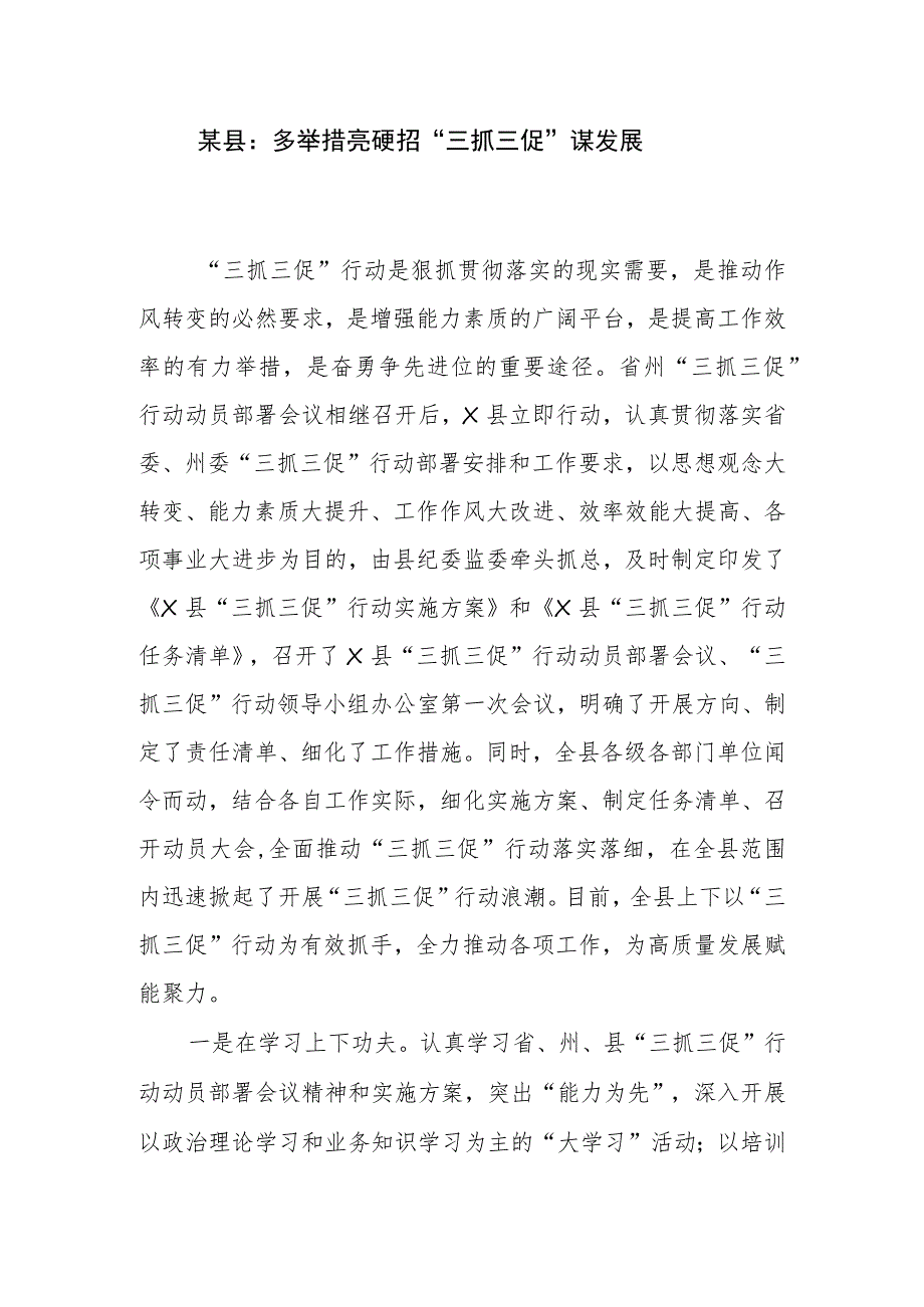 2023年某县开展“三抓三促”行动工作经验交流材料2篇.docx_第2页