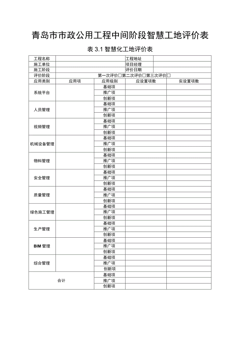 青岛市市政公用工程中间阶段智慧工地评价表.docx_第1页