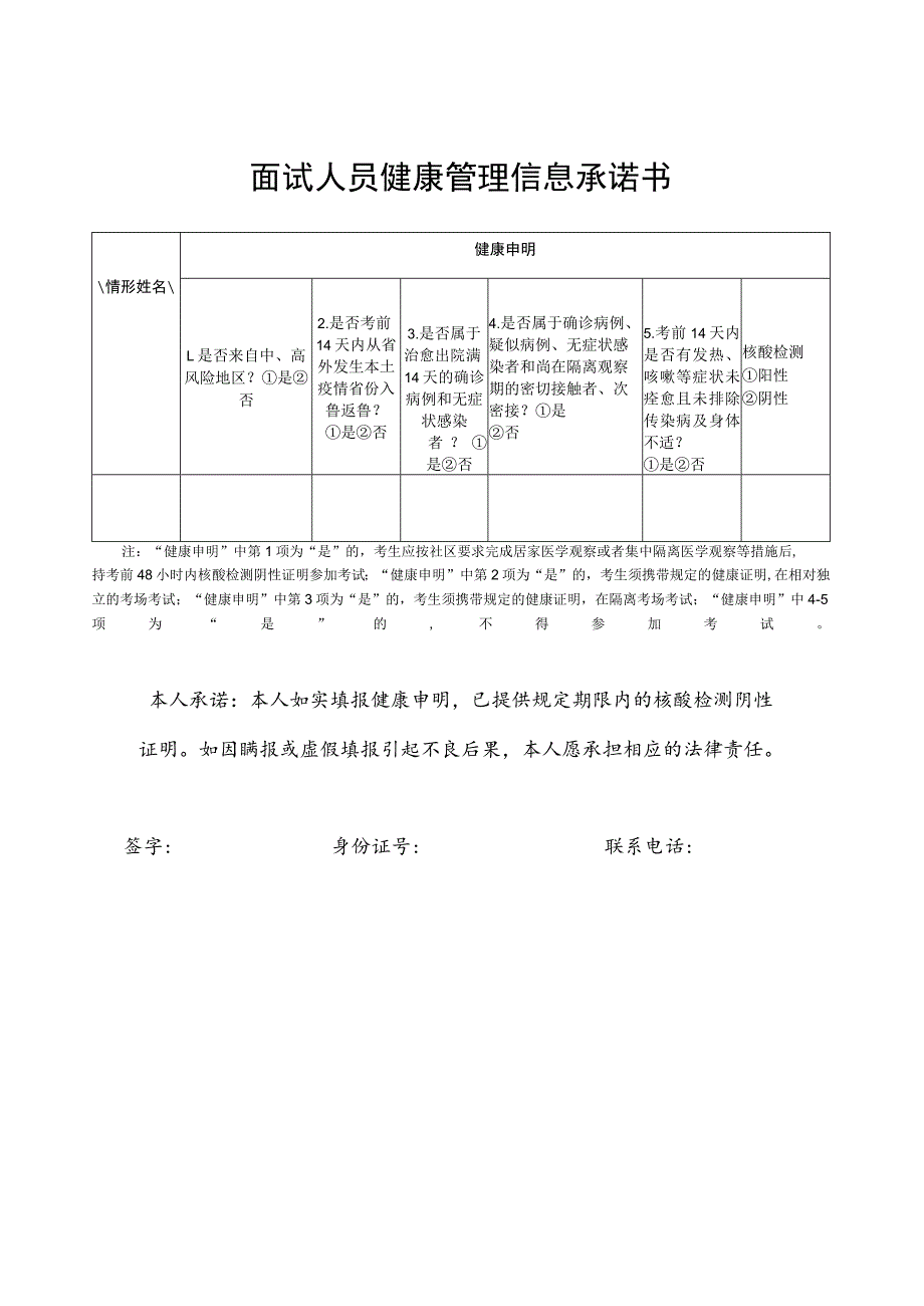 面试人员健康管理信息承诺书.docx_第1页