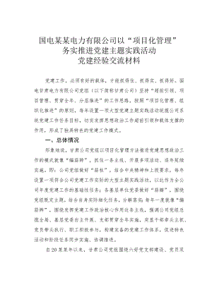 国电某某电力有限公司以“项目化管理”务实推进党建主题实践活动党建经验交流材料.docx