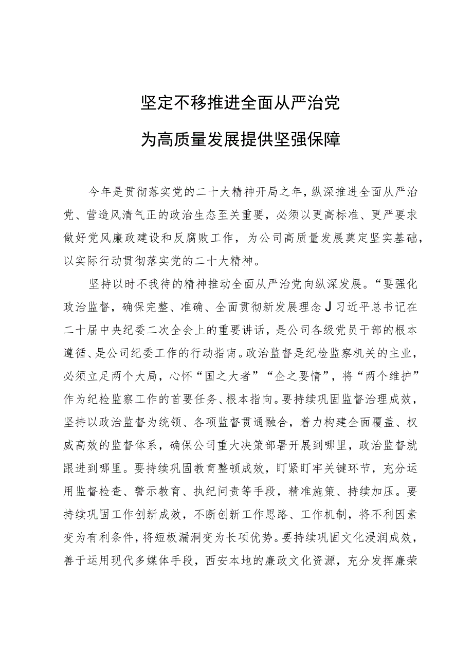 纪检监察干部研讨发言：坚定不移推进全面从严治党 为高质量发展提供坚强保障.docx_第1页