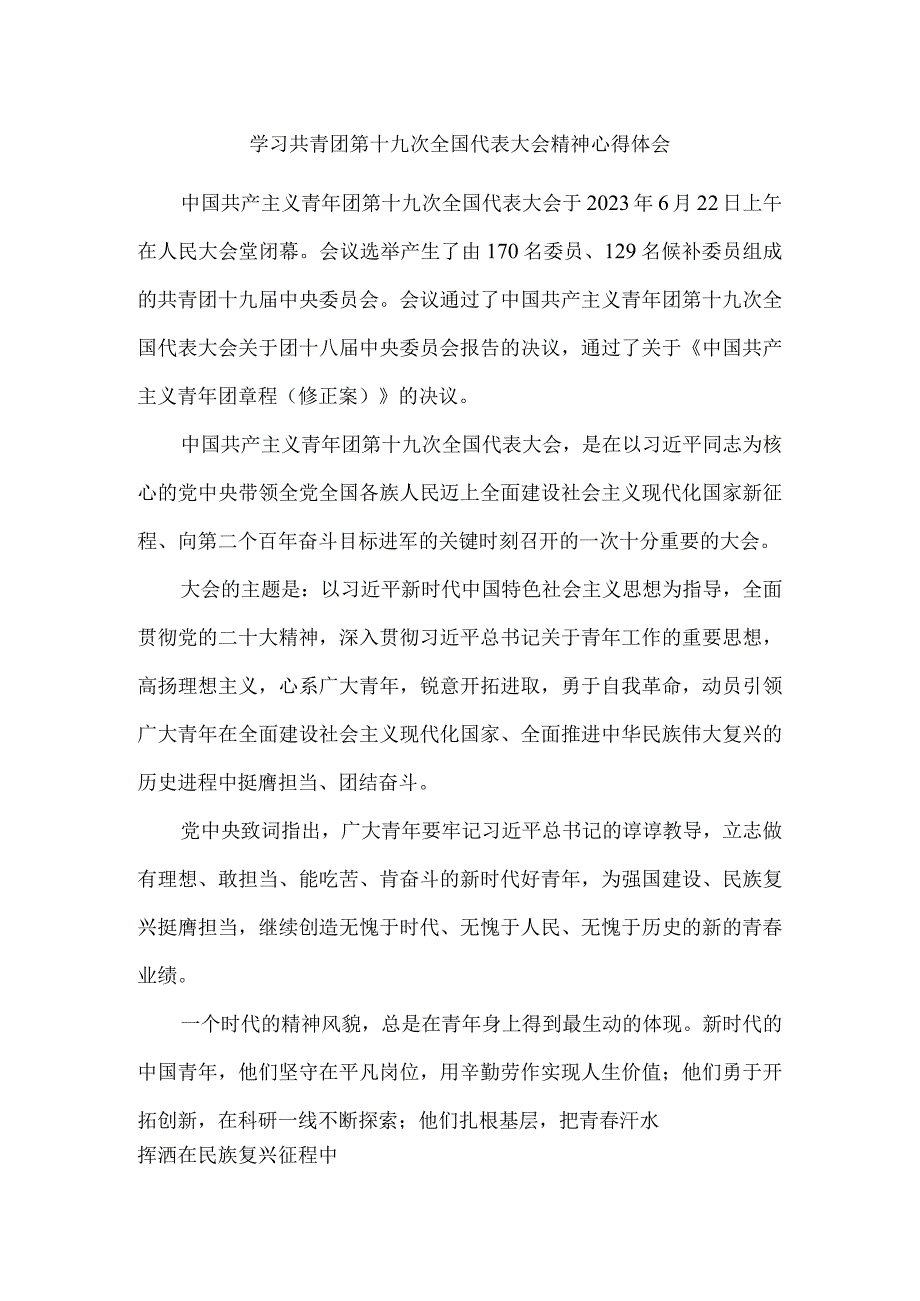 学习共青团第十九次全国代表大会精神心得体会2.docx_第1页