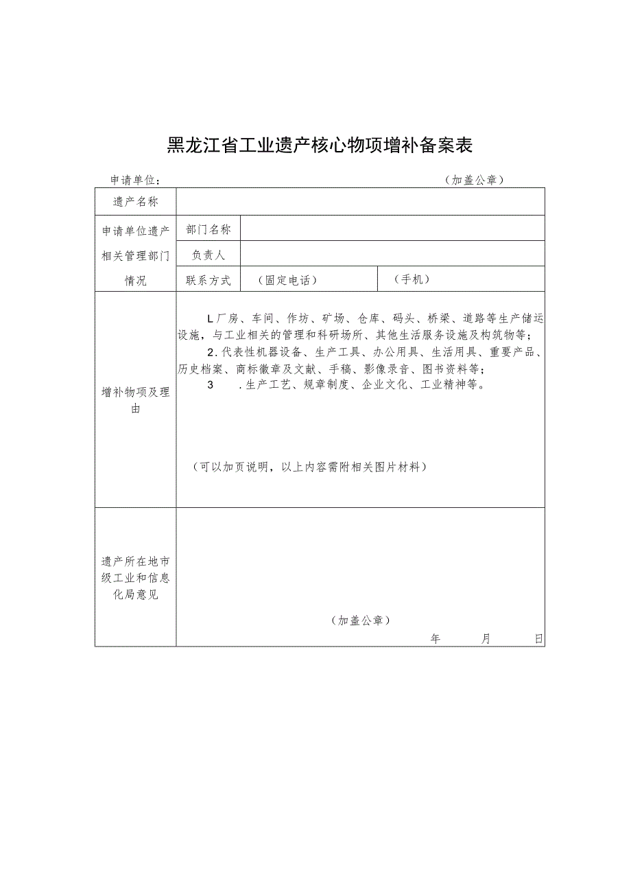 黑龙江省级工业遗产核心物项增补备案表、年度工作报告、申请书.docx_第1页