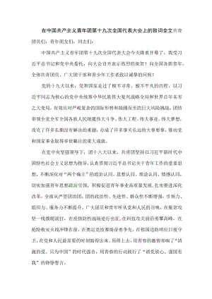 在中国共产主义青年团第十九次全国代表大会上的致词全文.docx