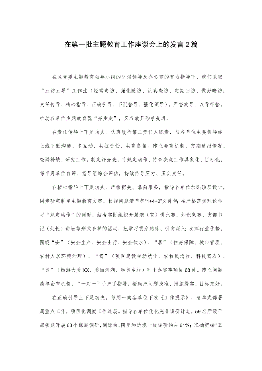 在第一批主题教育工作座谈会上的发言2篇.docx_第1页