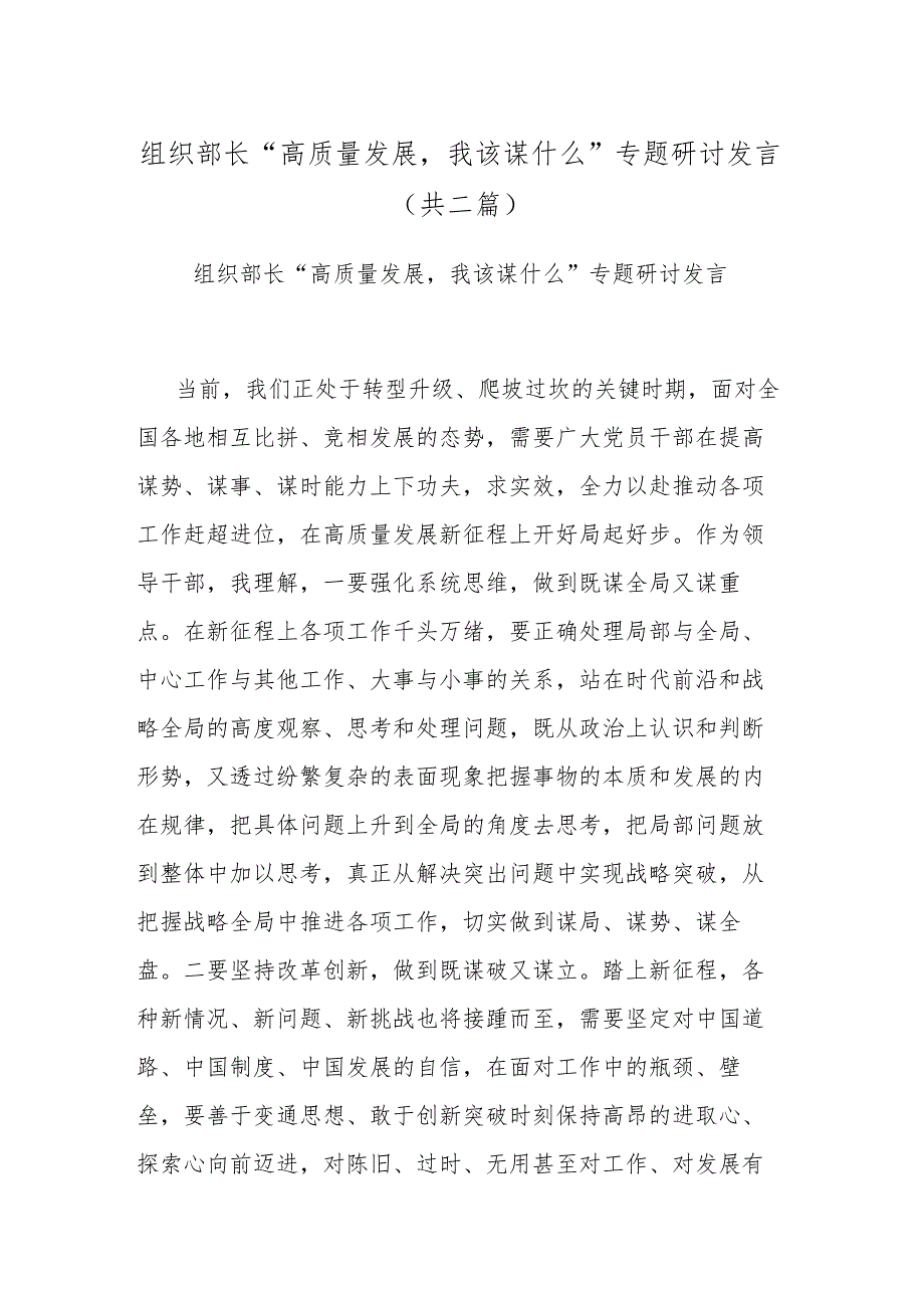 组织部长“高质量发展我该谋什么”专题研讨发言(共二篇).docx_第1页