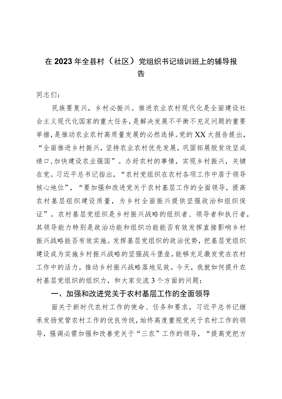 在2023年全县村党组织书记培训班上的辅导报告.docx_第1页