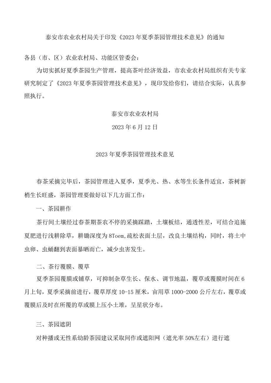 泰安市农业农村局关于印发《2023年夏季茶园管理技术意见》的通知.docx_第1页