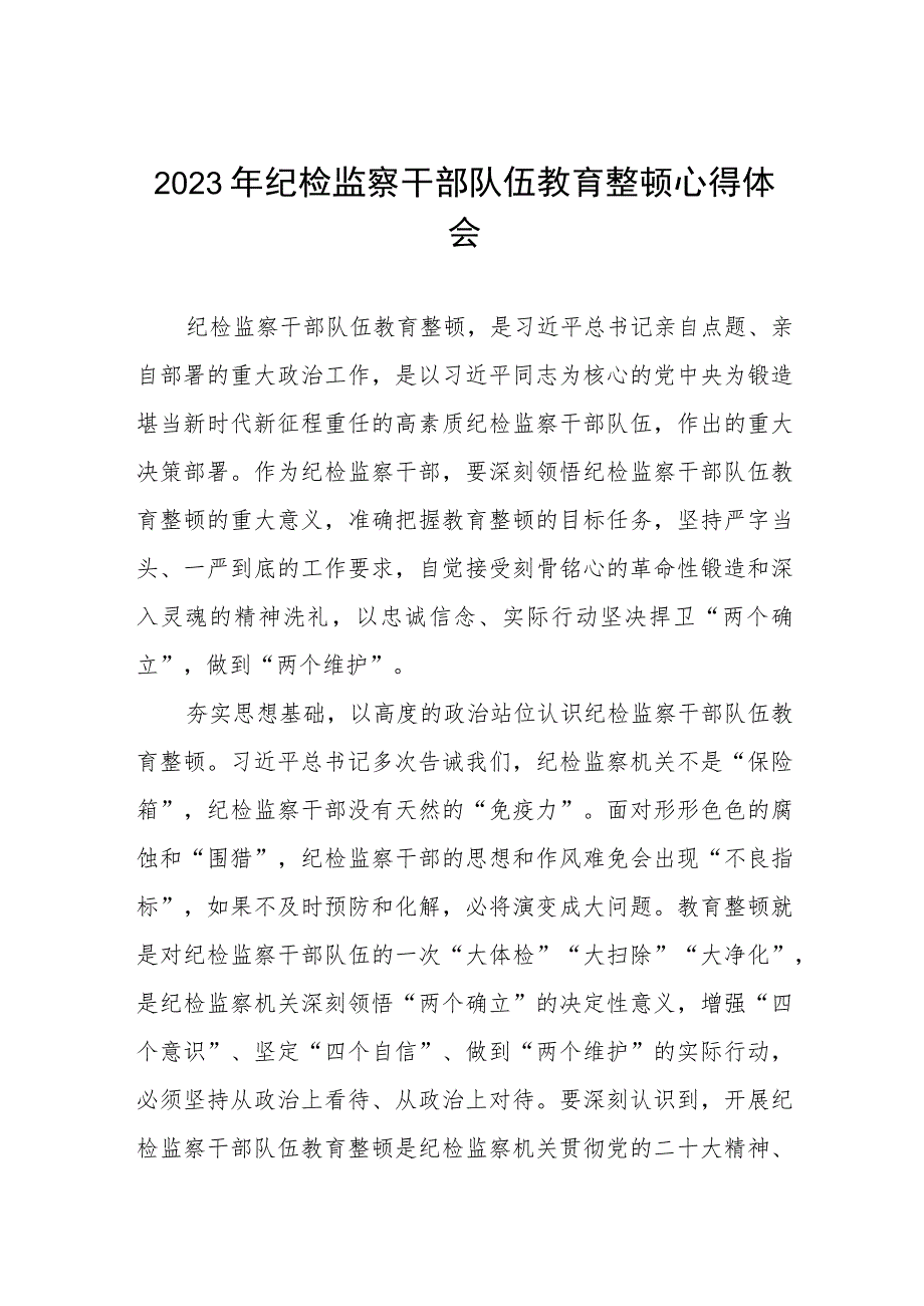 2023全国纪检监察干部队伍教育整顿心得体会两篇.docx_第1页