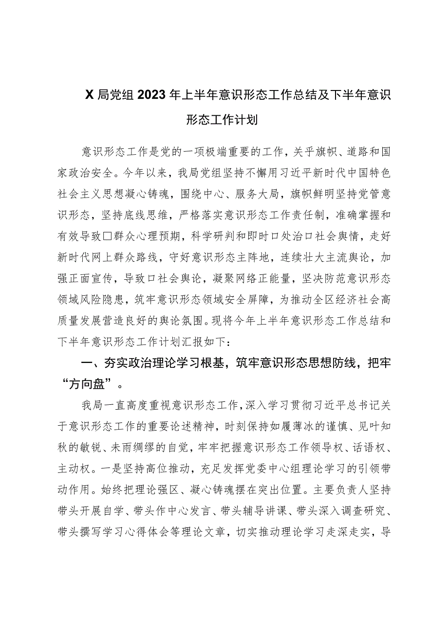 局党组2023年上半年意识形态工作总结及下半年意识形态工作计划.docx_第1页