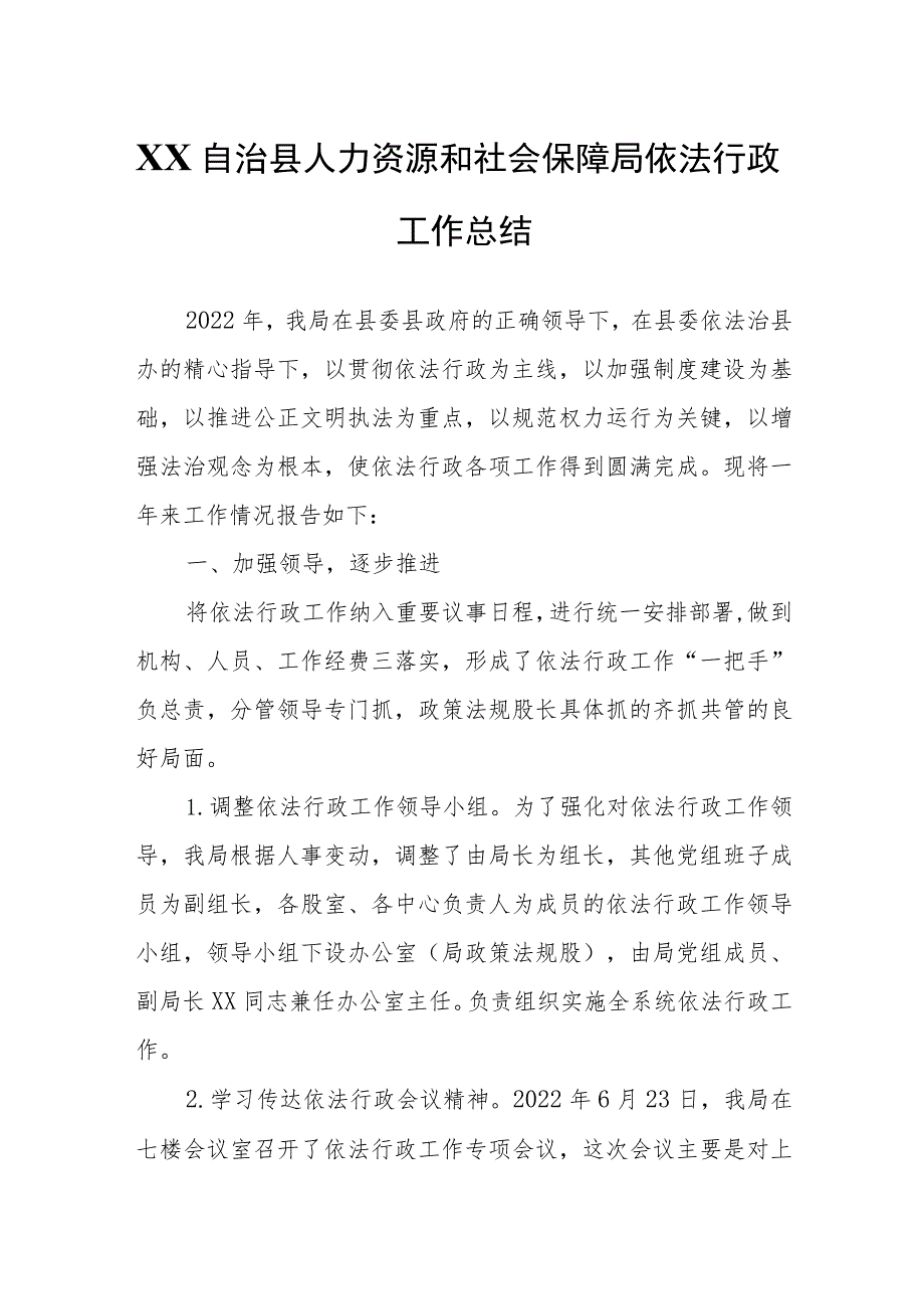 XX自治县人力资源和社会保障局依法行政工作总结.docx_第1页