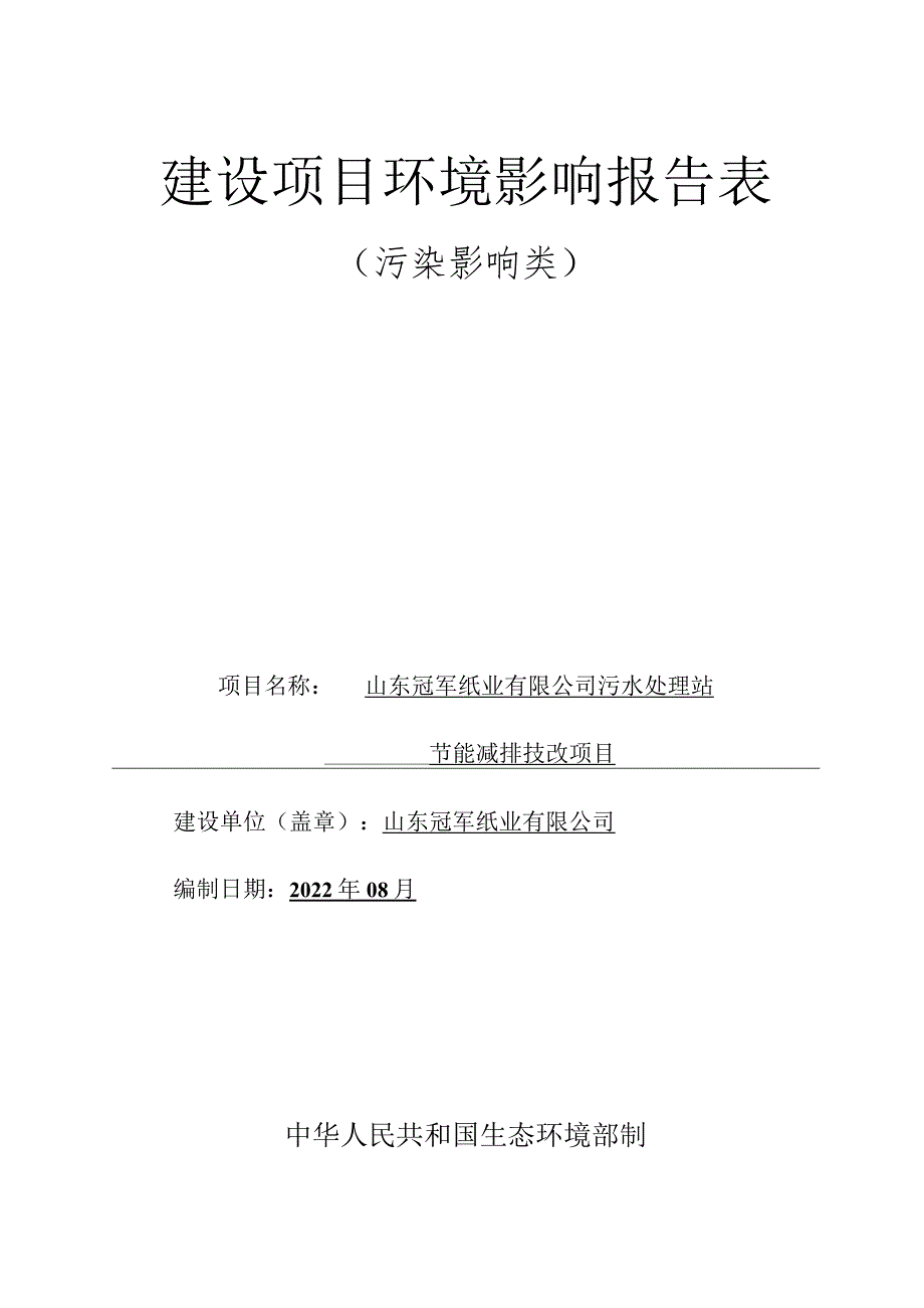 山东冠军纸业有限公司污水处理站节能减排技改项目环境影响评价报告书.docx_第1页