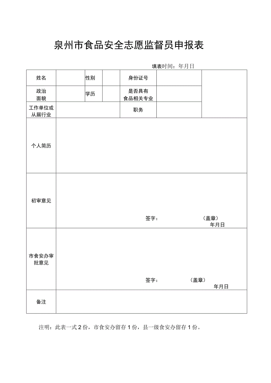 泉州市食品安全志愿监督员申报表.docx_第1页