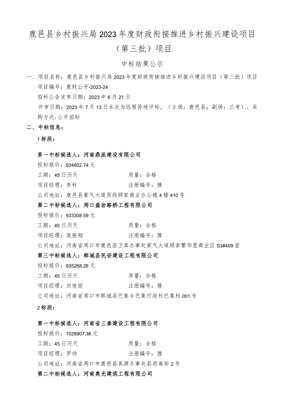 鹿邑县乡村振兴局2023年度财政衔接推进乡村振兴建设项目第三批项目.docx_第1页