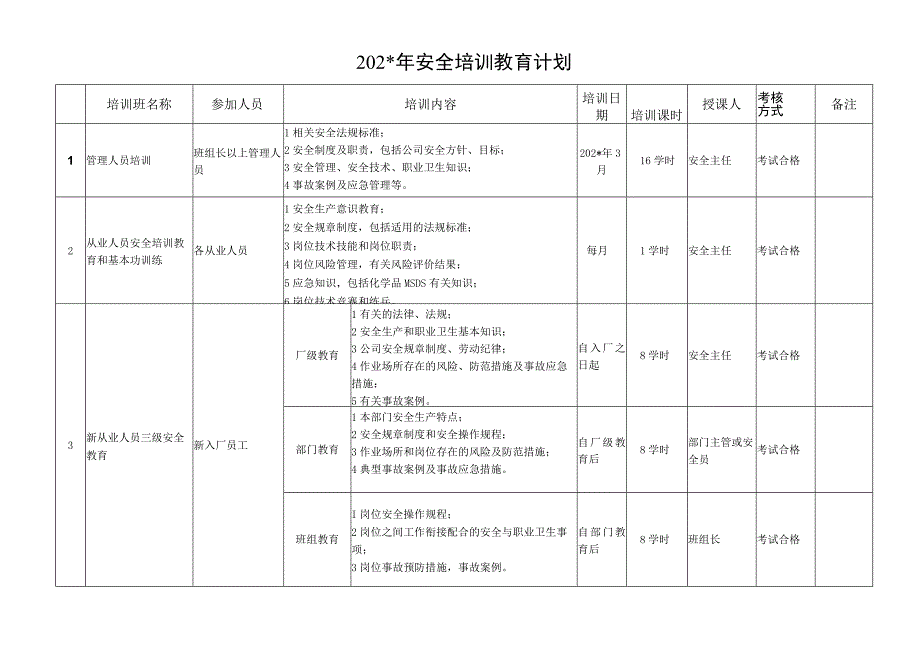 安全培训教育计划标准模板.docx_第1页