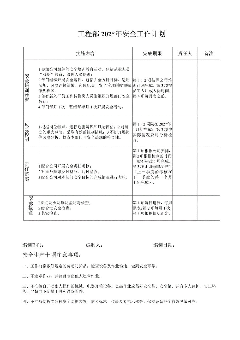 工程部安全工作计划标准模板.docx_第1页