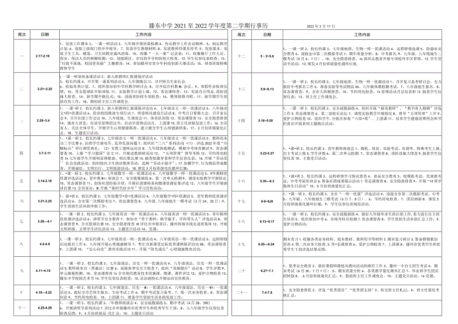 滕东中学2021至2022学年度第二学期行事历2022年2月17日.docx_第1页