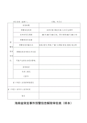 海南省突发事件预警信息发布审批表样本.docx