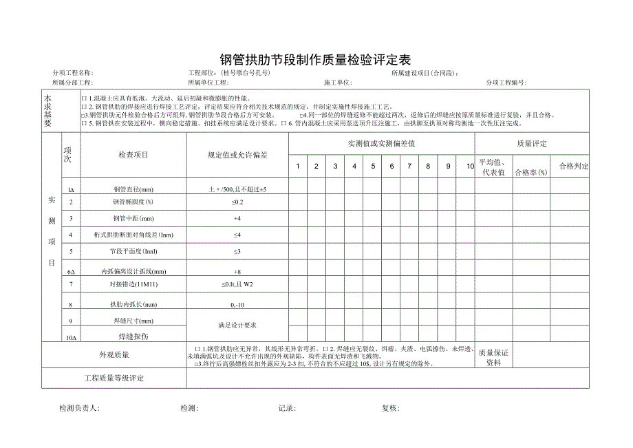 钢管拱肋节段制作质量检验评定表.docx_第1页