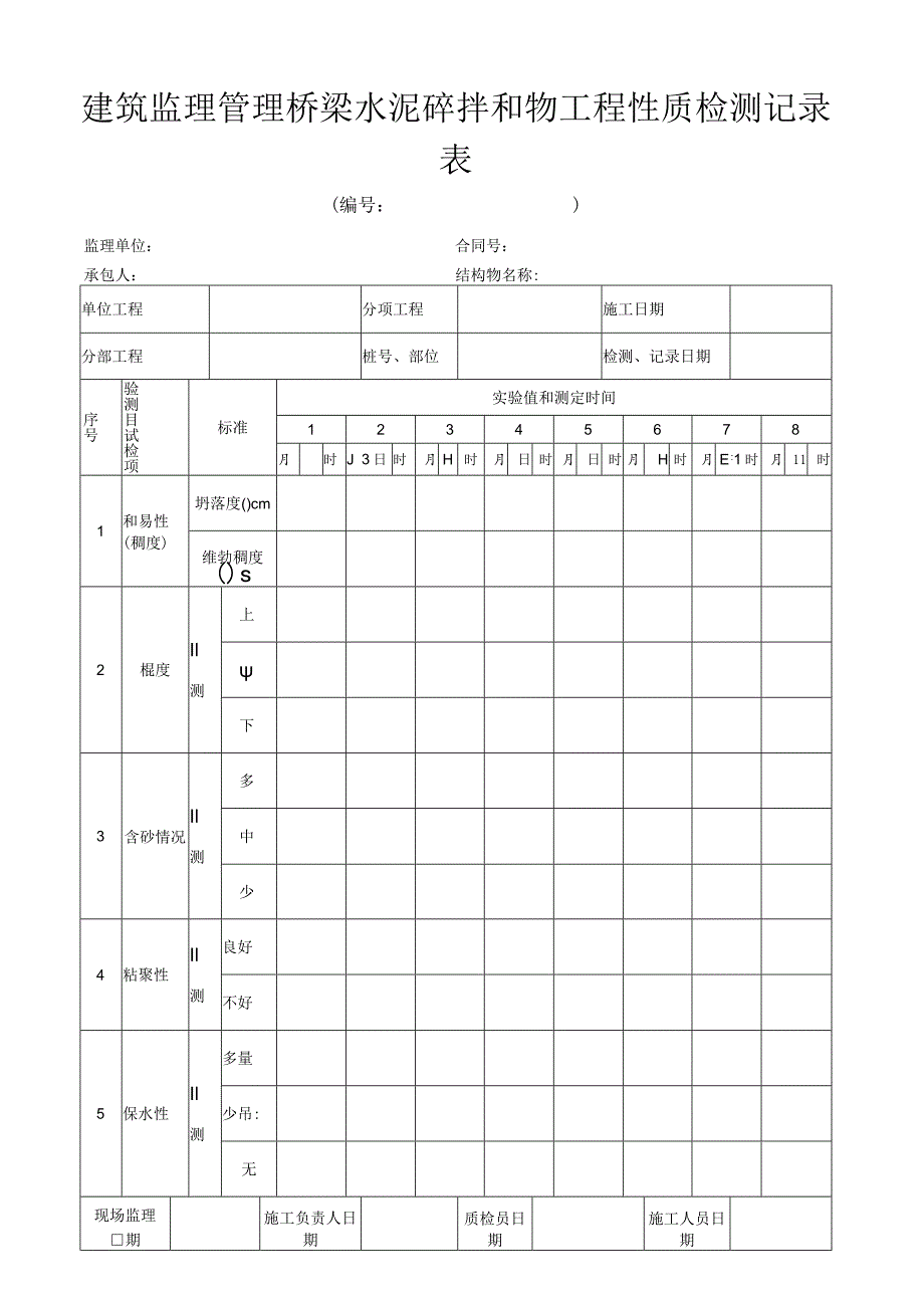 建筑监理管理桥梁水泥砼拌和物工程性质检测记录表.docx_第1页