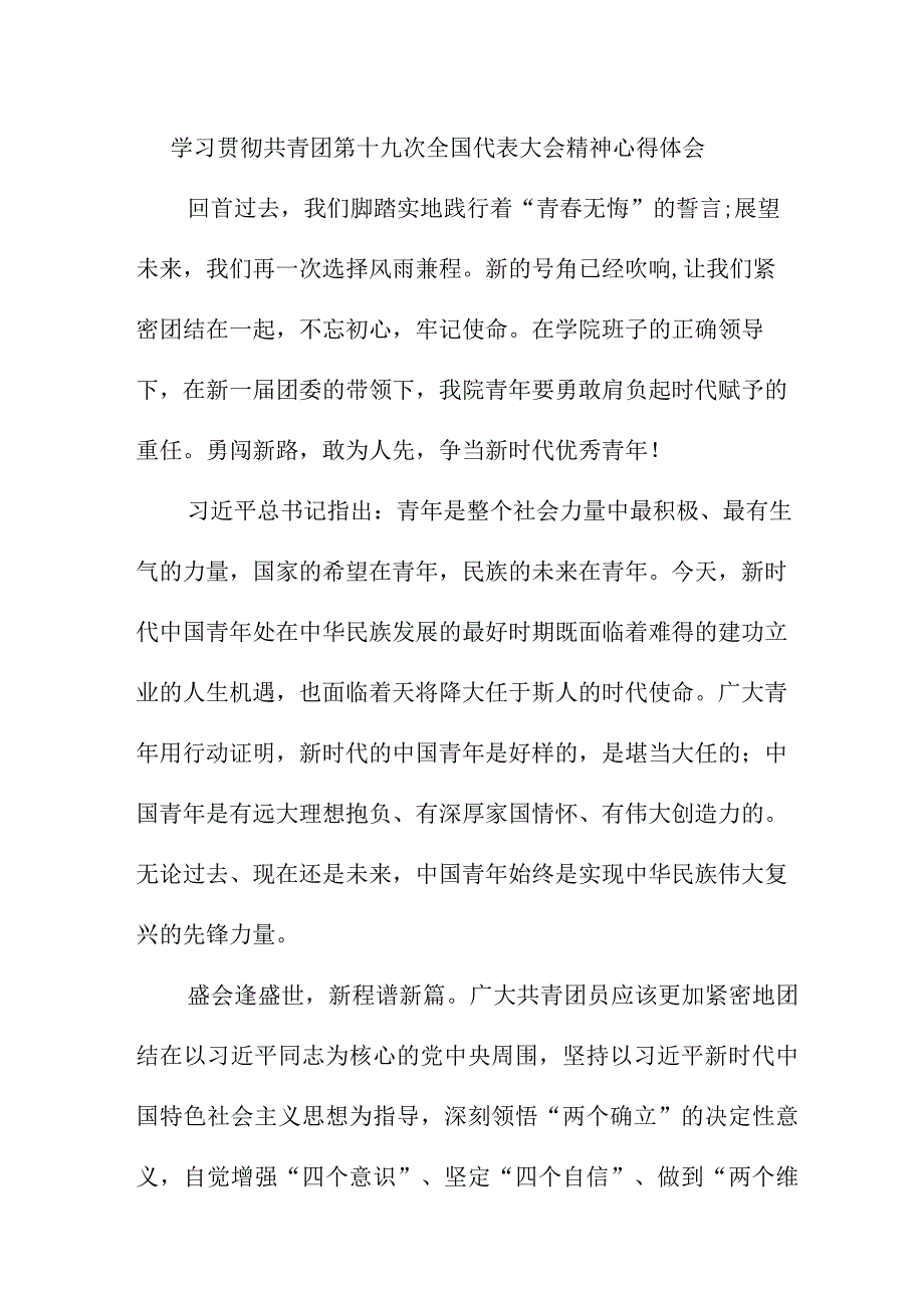 企业团组织学习贯彻共青团第十九次全国代表大会精神个人心得体会 四篇.docx_第1页