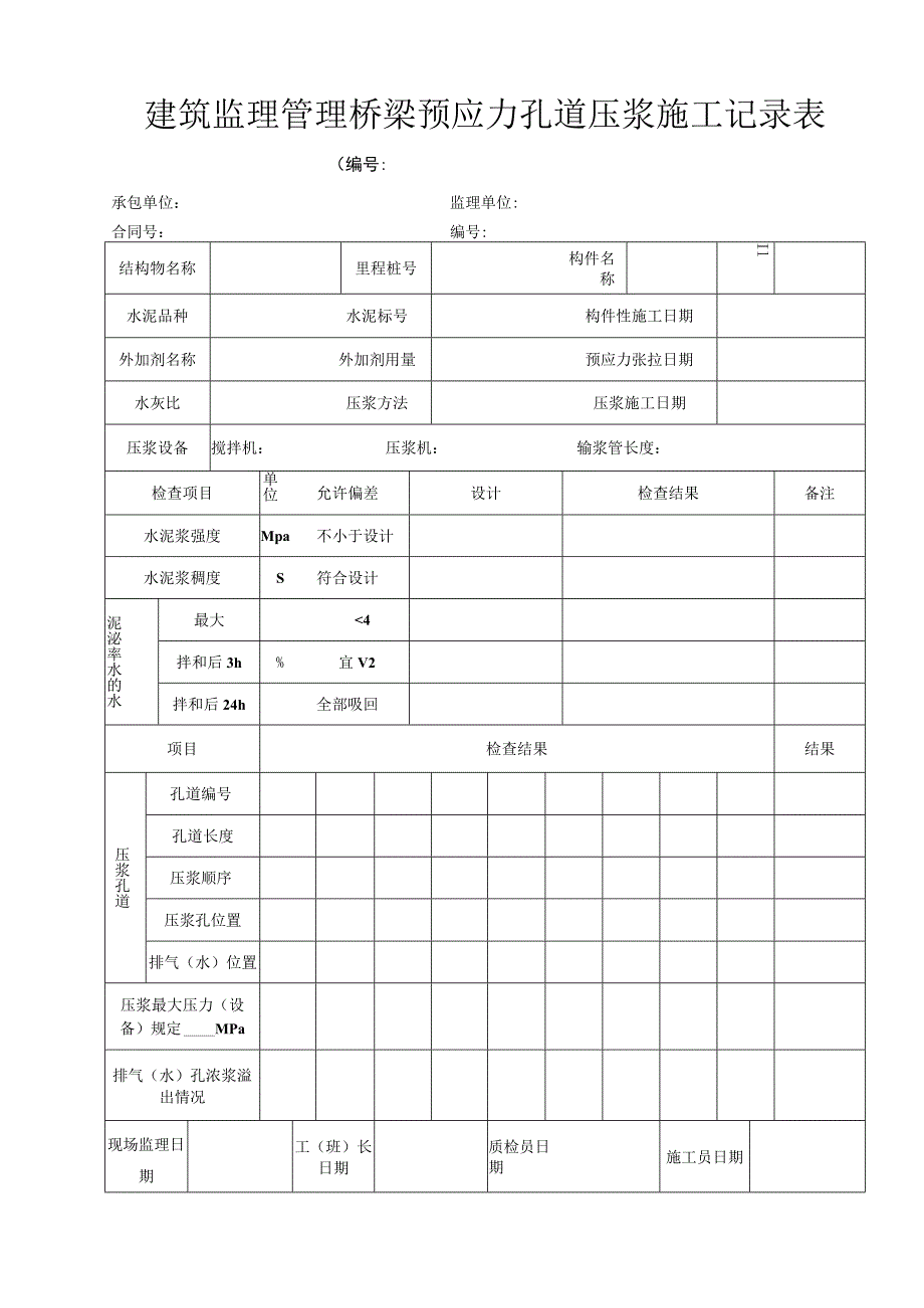 建筑监理管理桥梁预应力孔道压浆施工记录表.docx_第1页