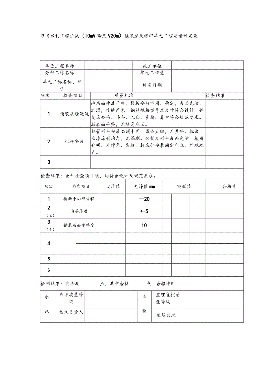 农田水利工程桥梁（10m＜跨度＜20m）铺装层及栏杆单元工程质量评定表.docx_第1页