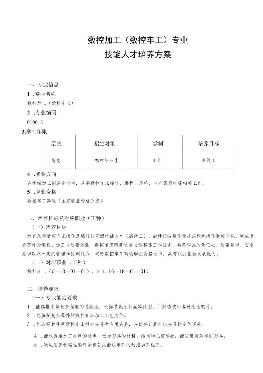 数控加工数控车工专业技能人才培养方案.docx_第1页