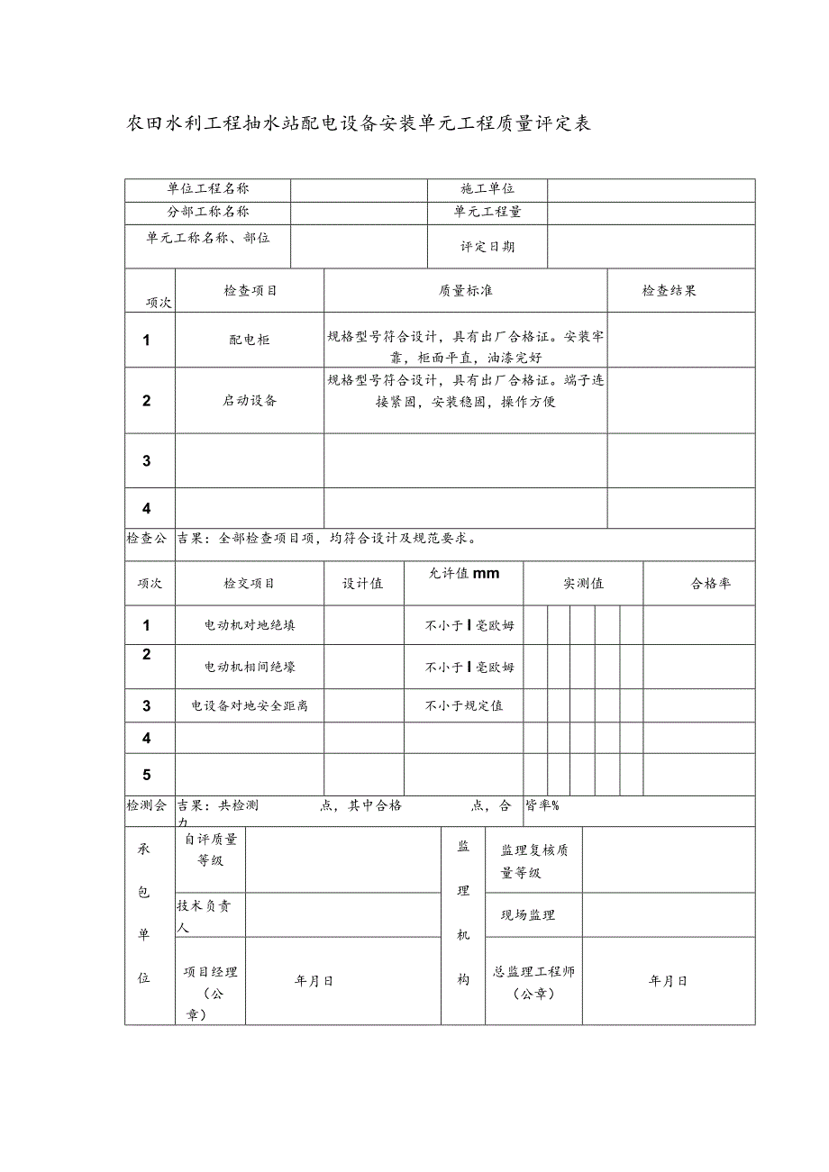 农田水利工程抽水站配电设备安装单元工程质量评定表.docx_第1页