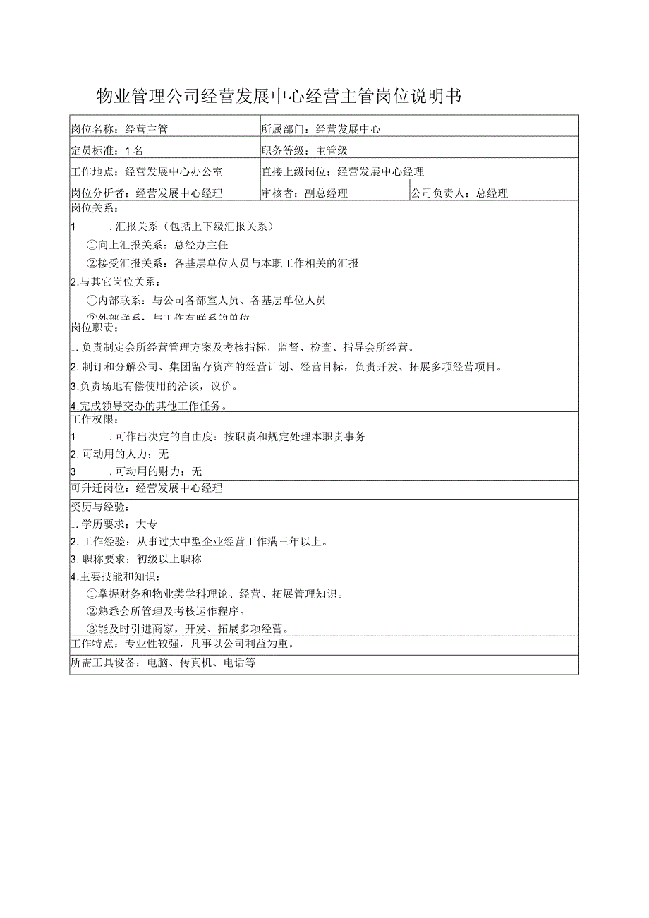 物业管理公司经营发展中心经营主管岗位说明书.docx_第1页