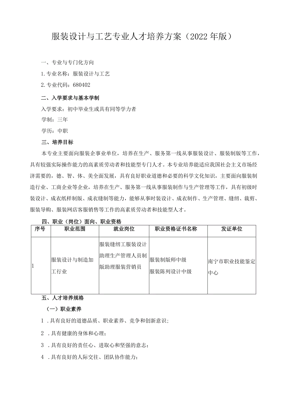 服装设计与工艺专业人才培养方案（2022年版）.docx_第1页