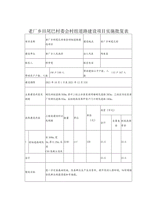 老厂乡田尾巴村委会村组道路建设项目实施批复表.docx