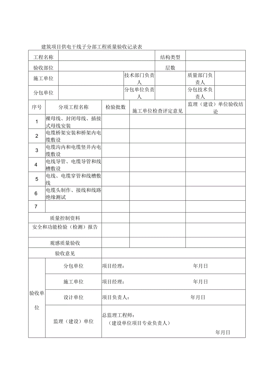 建筑项目供电干线子分部工程质量验收记录表.docx_第1页