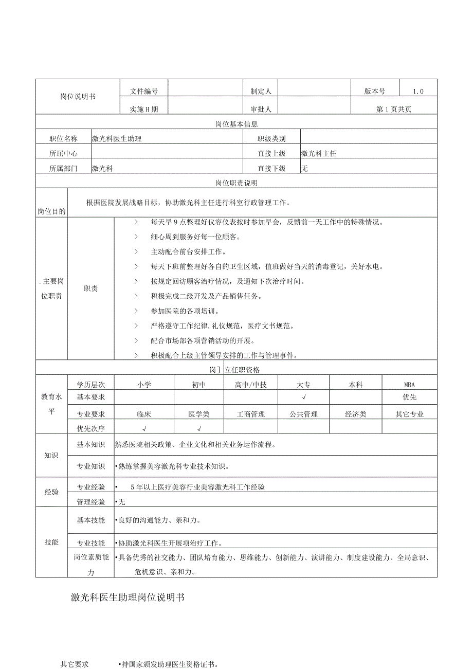 医美皮肤激光科医助岗位说明书.docx_第1页