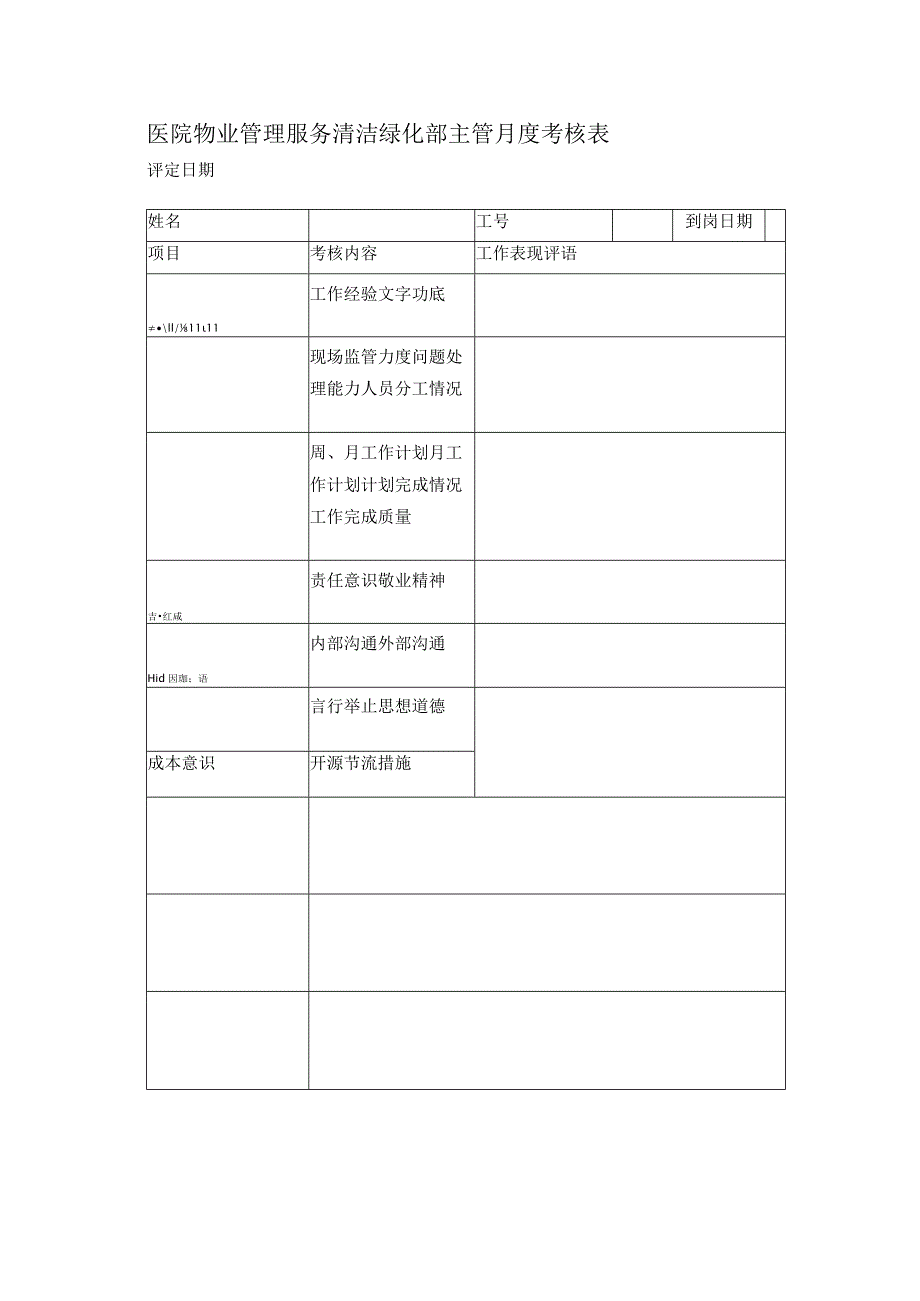 医院物业管理服务清洁绿化部主管月度考核表.docx_第1页