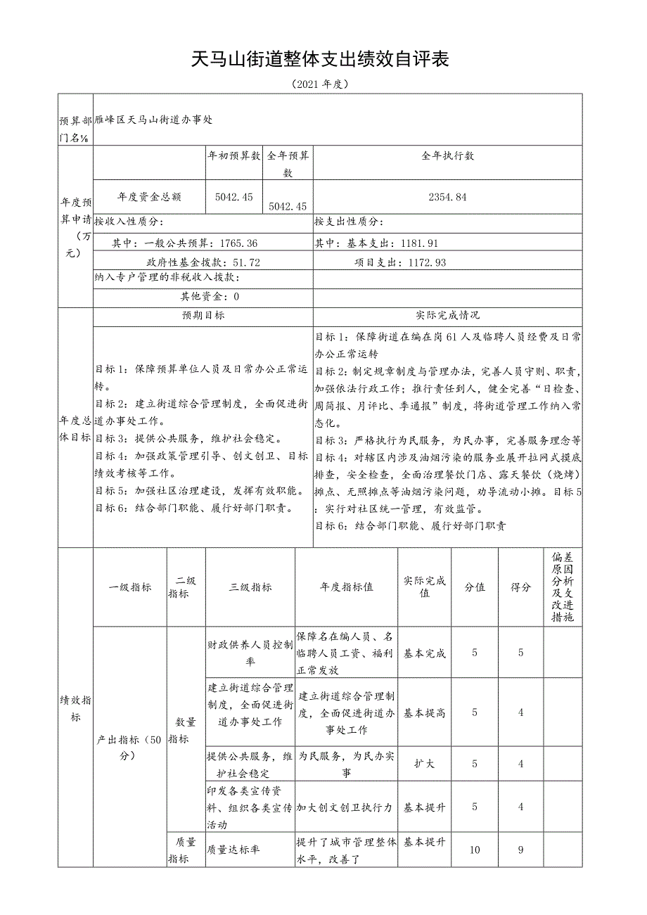 天马山街道整体支出绩效自评表.docx_第1页