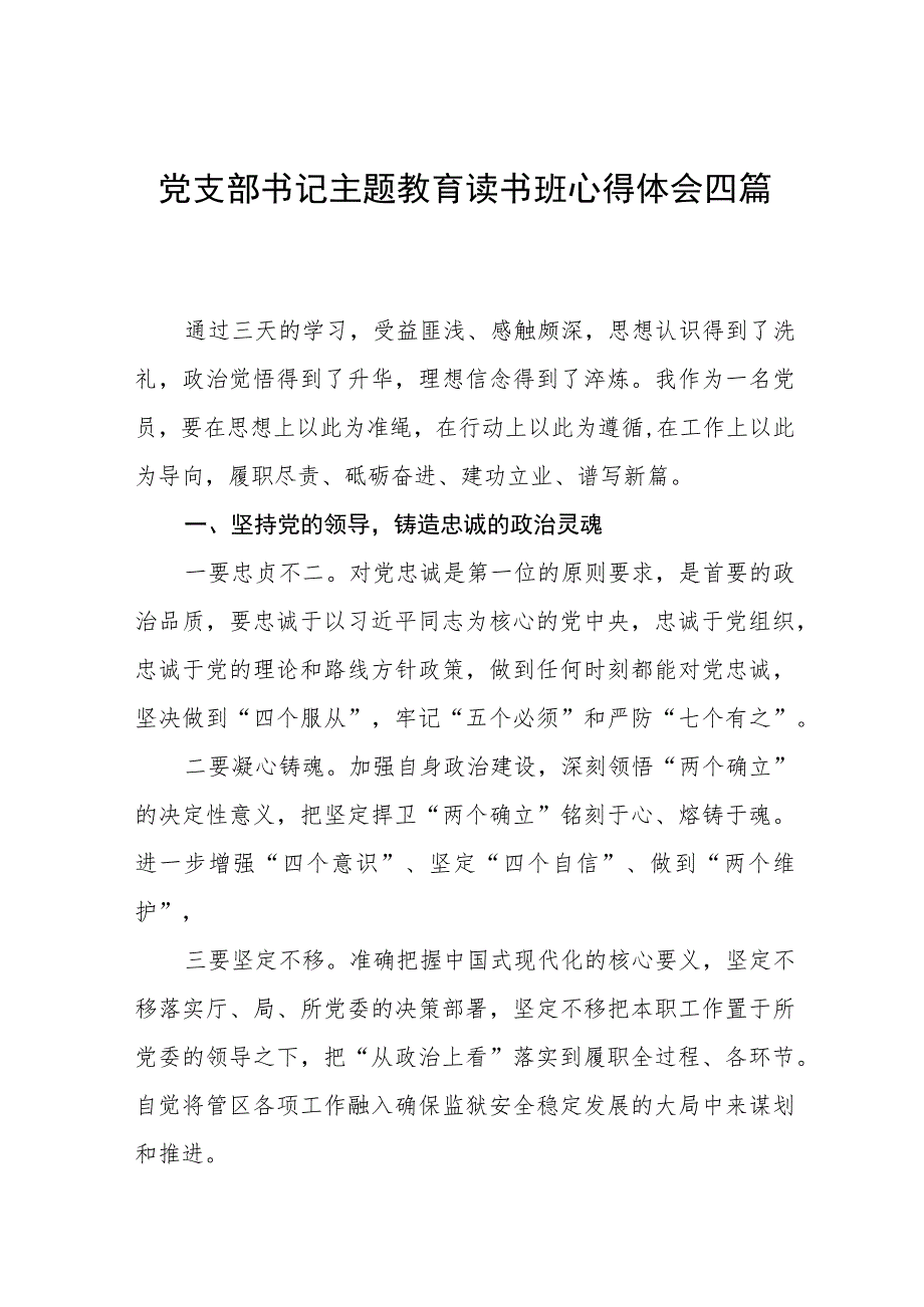 党支部书记主题教育读书班心得体会四篇.docx_第1页