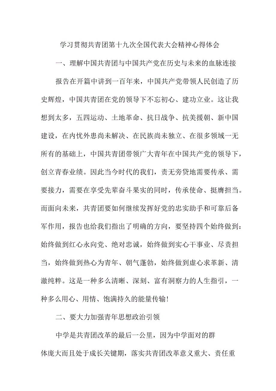 杰出青年学习贯彻共青团第十九次全国代表大会精神个人心得体会 四篇.docx_第1页