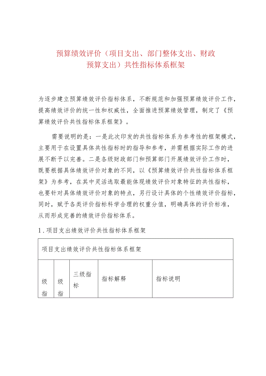 预算绩效评价（项目支出、部门整体支出、财政预算支出）共性指标体系框架.docx_第1页