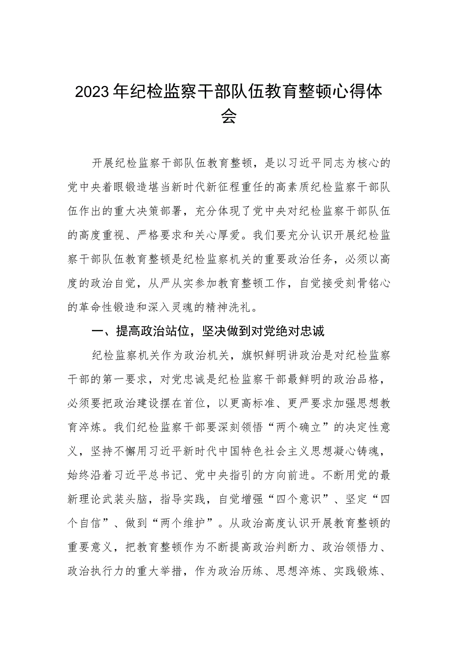 关于2023年纪检监察干部队伍教育整顿个人心得体会两篇范文.docx_第1页