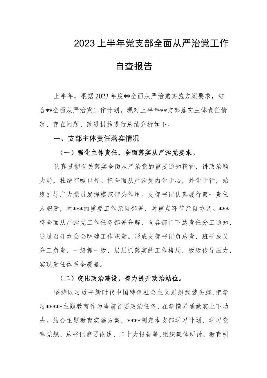 2023上半年党支部全面从严治党工作自查报告.docx_第1页