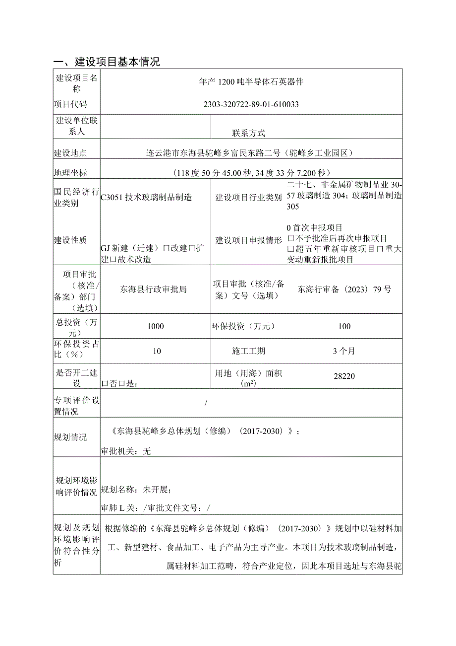 年产1200吨半导体石英器件项目环评报告表.docx_第1页